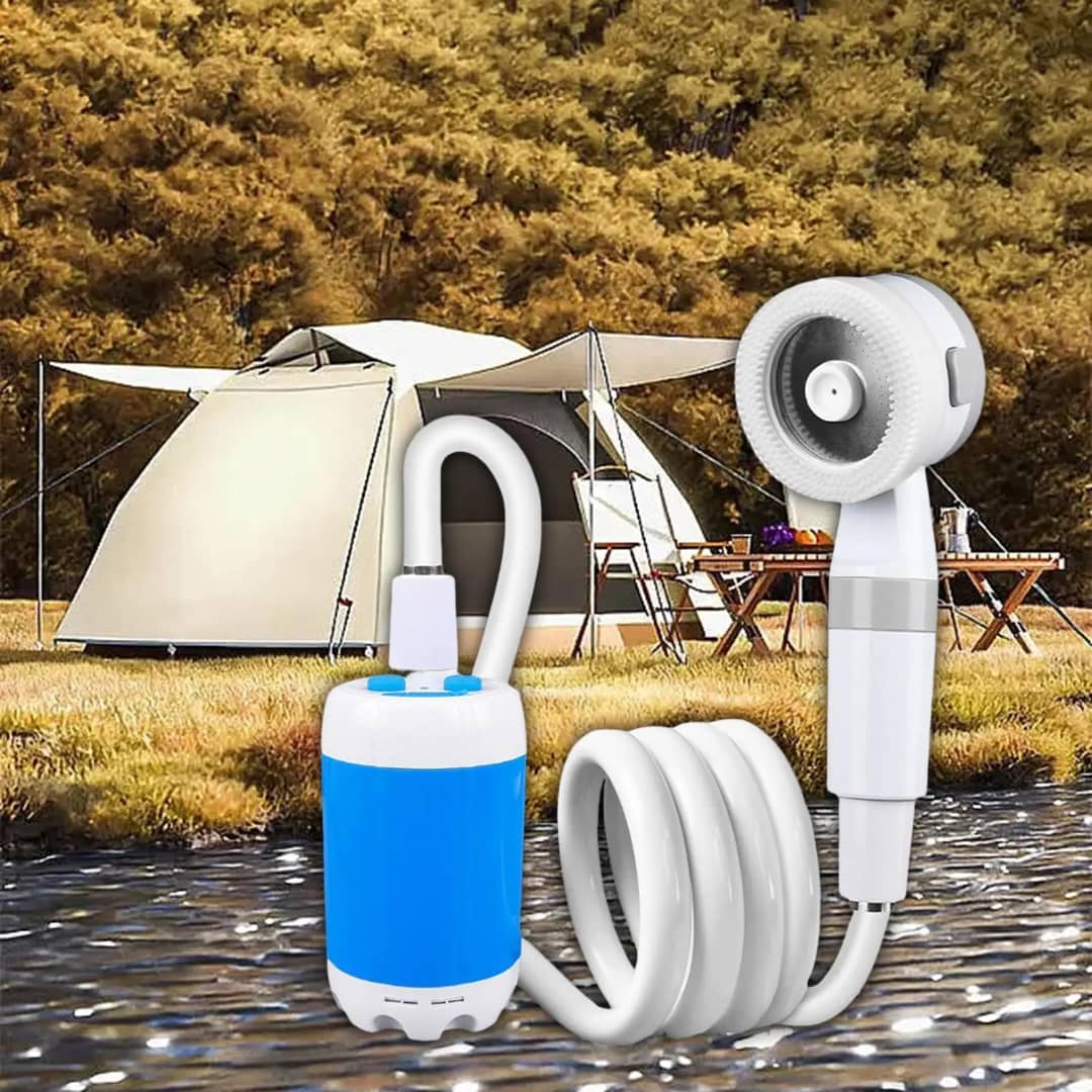 Portable Camping Shower Pump - Rechargeable Outdoor Shower Head Sprayer, Pumps Water from Bucket. Experience Refreshment Anywhere, Perfect for Camping, Hiking, Travel, Car Washing & Pet Cleaning