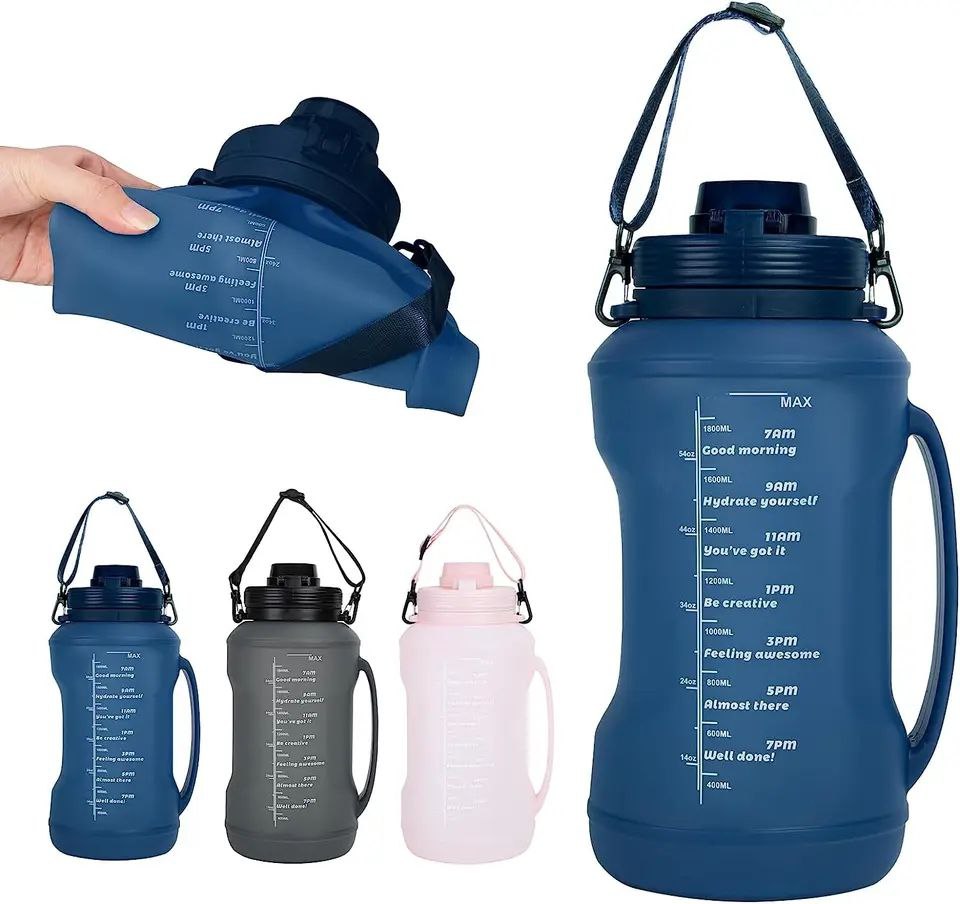 Collapsible Water Bottle - Foldable Silicone Travel Water Bottle with Motivational Times to Drink - Lightweight Water Bottle with Straw for Traveling, Sports, Gym, Camping, Hiking, 64oz, Pink