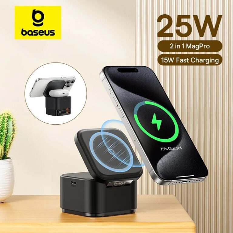 Baseus 25W 2 in 1 Magnetic Wireless Charger Stand 15W Fast Charging Dock Station With Retractable Cable For iPhone15 14 Airpod