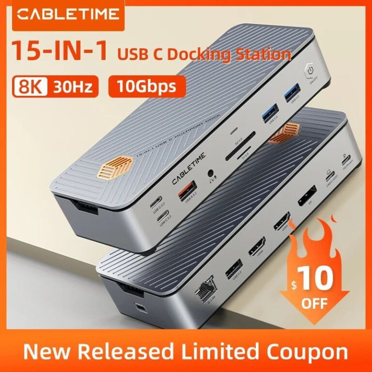 CABLETIME USB C Docking Station Type C 8K Dock C Hub to HDMI DP USB 3.2 1000Mbps PD 100W 10Gbps M.2 SSD for MacBook Dell Laptop