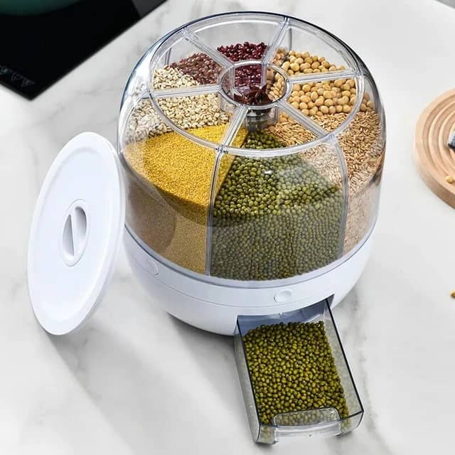 360 degree rotating grain dispenser, grain storage box, transparent airtight container, round rice bucket for kitchen, insect-proof rice tank.